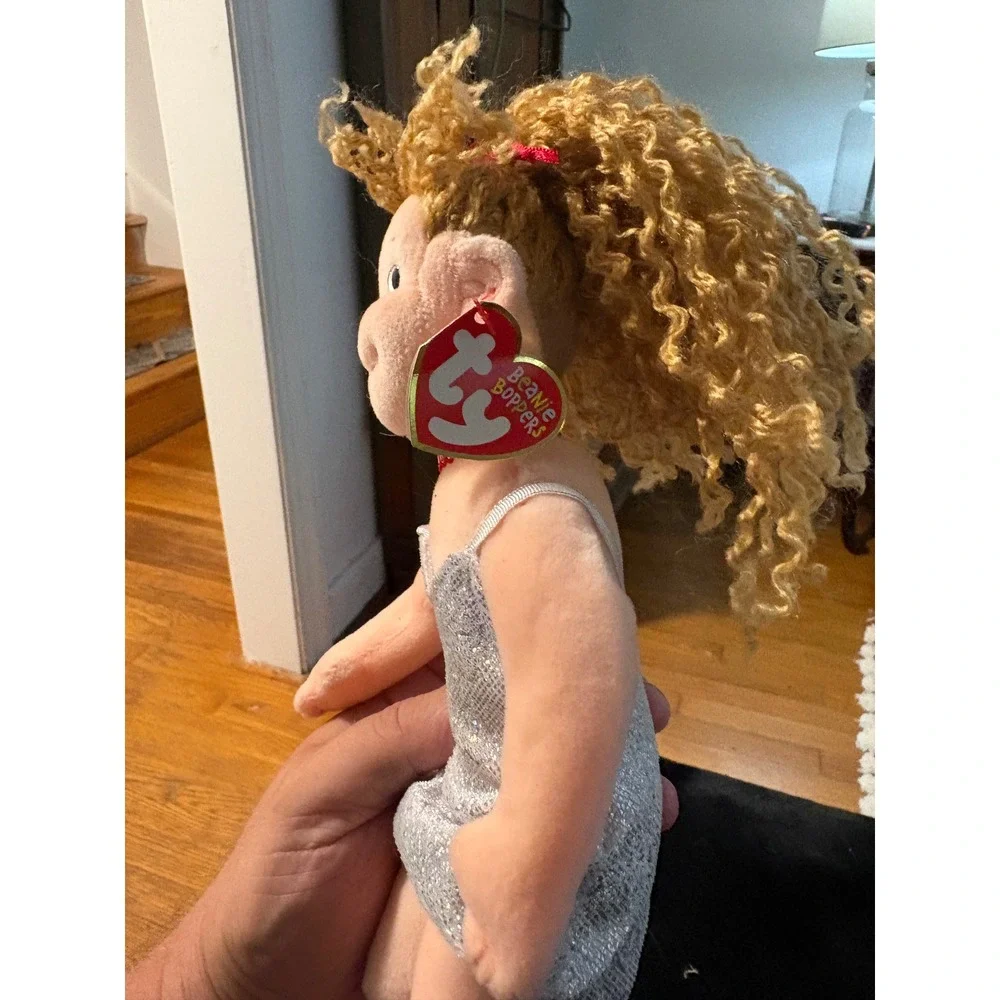 Ty Beanie Boppers Glitzy Gabby Plush Doll Blonde Curly Hair Silver Dress NWT